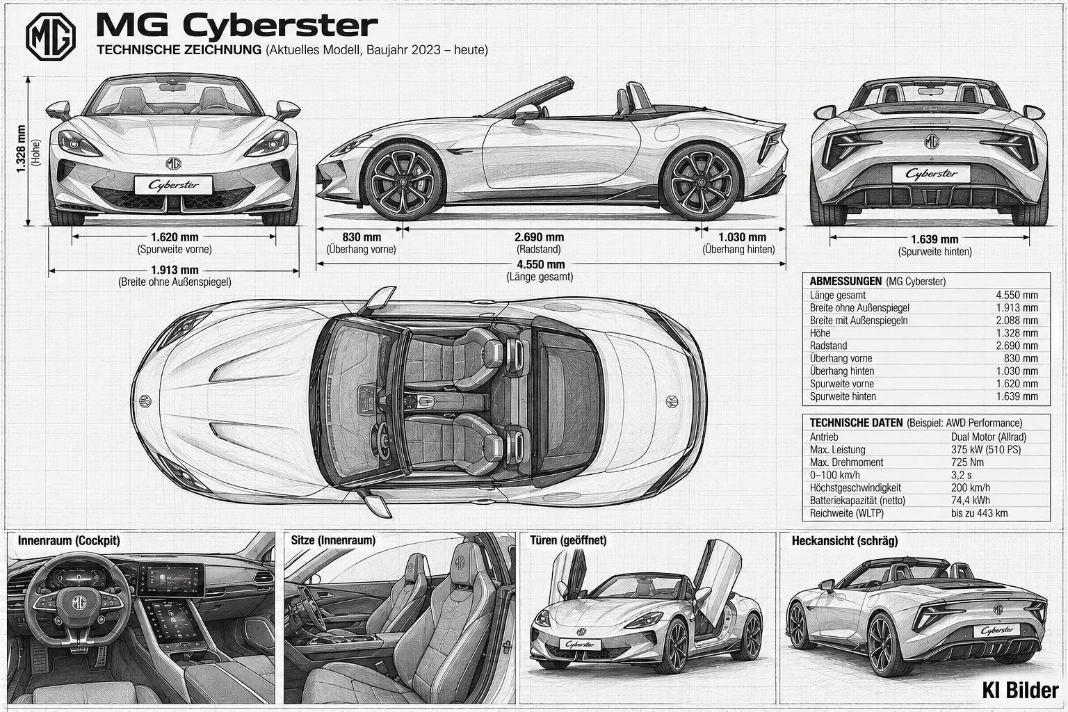 Technische Zeichnung des MG Cyberster